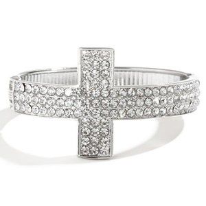 Guess Marciano Silver Tone Rhinestone Crystal Cross Hinge Bangle Cuff Bracelet